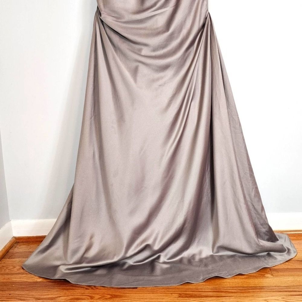 NWT La Femme 25996 Off the Shoulder Beaded Satin Trumpet Silver Gown Size 8 - Picture 15 of 16